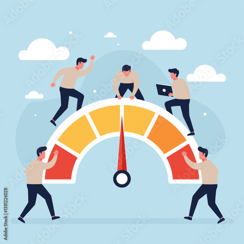 Team collaborating on financial growth and data analysis vector concept. Diverse people working on rising line graph with coin stacks representing business performance tracking investment profit incre