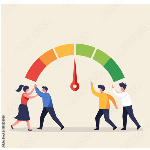 Leadership providing support for team career advancement vector illustration. Large hand assists business people climbing progressive bar chart representing mentorship guidance corporate growth help 