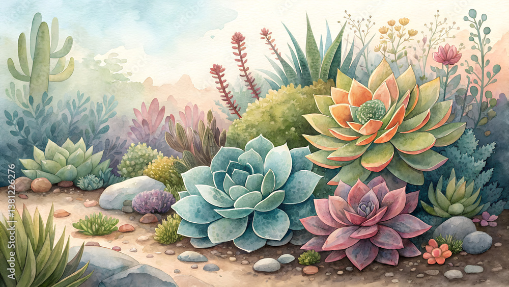 Fototapeta premium *Succulent Garden Watercolor Background – Assortment of Colorful Succulents in Fresh & Lively Ambiance with Copy Space* 