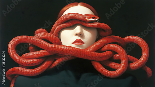 Striking figure adorned with a serpent headdress evokes the mysterious depths of mythology and enchantment in a surreal atmosphere