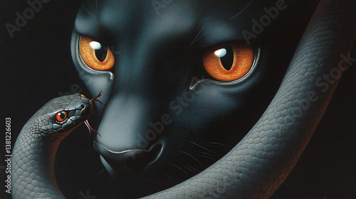 Panther confronts snake in an intense moment of nature's survival on a dark backdrop