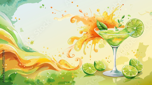 Margarita Splash Watercolor Background, Refreshing Green and Orange Swirls, Fun and Summery with Copy Space* 