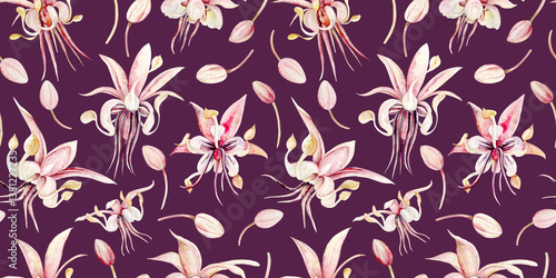 Chocolate tree flowers. Seamless pattern. Watercolor illustration. Hand drawn chocolate tree flowers in pastel colors for packaging, textiles and botanical designs.