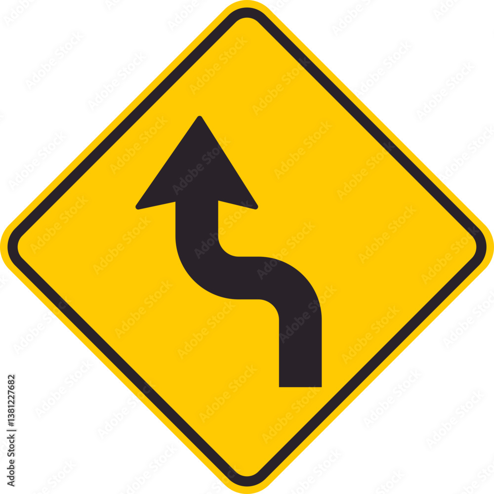 Yellow rhombus traffic sign that informs drivers of upcoming curves and a left turn ahead. Yellow rhombus traffic sign that informs drivers of upcoming curves and a left turn ahead.