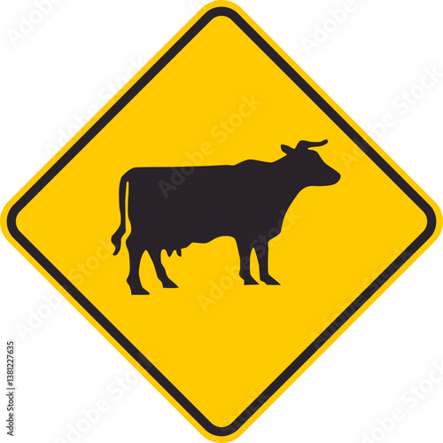 Yellow rhombus traffic sign that warns drivers of the possibility of cattle crossing the road.