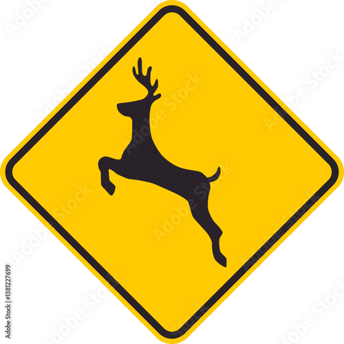 Yellow rhombus traffic sign that warns drivers of the possibility of deer crossing the road.