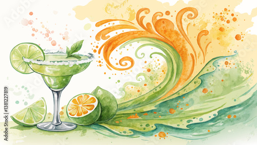 Margarita Splash Watercolor Background, Refreshing Green and Orange Swirls, Fun and Summery with Copy Space* 