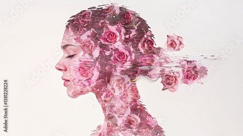 woman’s reflection in water merges with floating roses, symbolizing love’s fluidity. Ripples add movement and depth. Copy space left. [woman]:[rose] .love woman, rose, double exposure, love, 