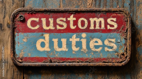 A weathered sign showcasing the words customs duties hints at the effects of tariffs during a trade war, situated on aged wooden background