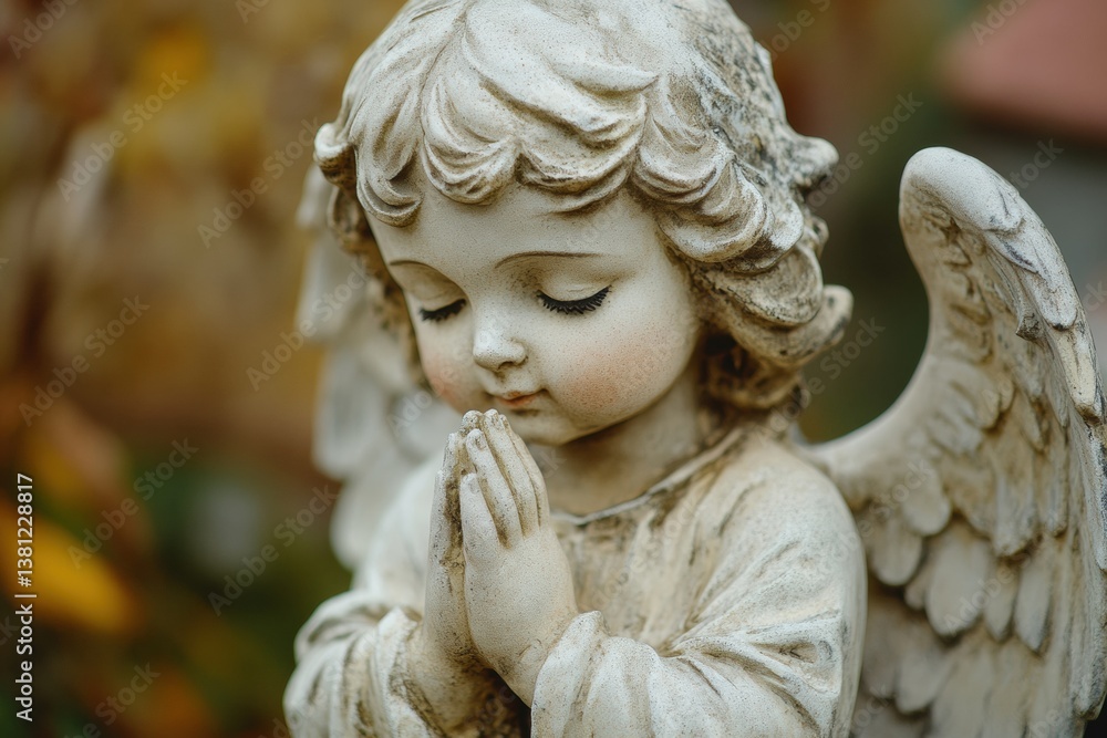 Marble angel sculpture with folded hands and wings in prayer Marble angel sculpture with folded hands and wings in prayer