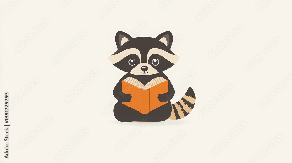 Obraz premium Cute Raccoon Reading a Book, Adorable illustration of a raccoon enjoying a book.