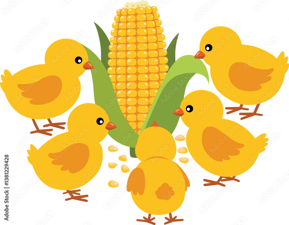 Set of five yellow chicks eating an ear of sweet corn Set of five yellow chicks eating an ear of sweet corn