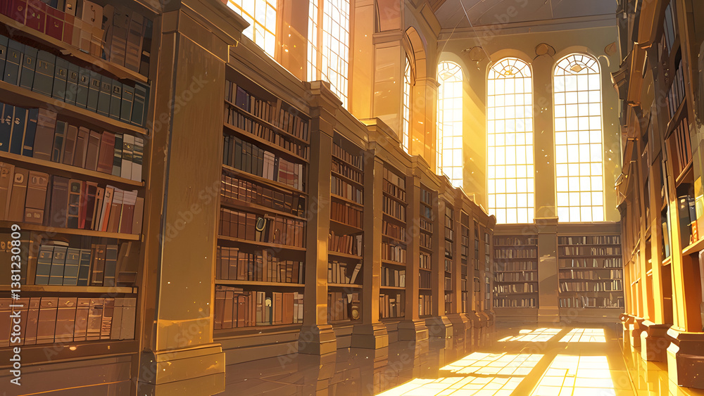 Peaceful Library Scene with Rows of Old Books in Sunlight Peaceful Library Scene with Rows of Old Books in Sunlight