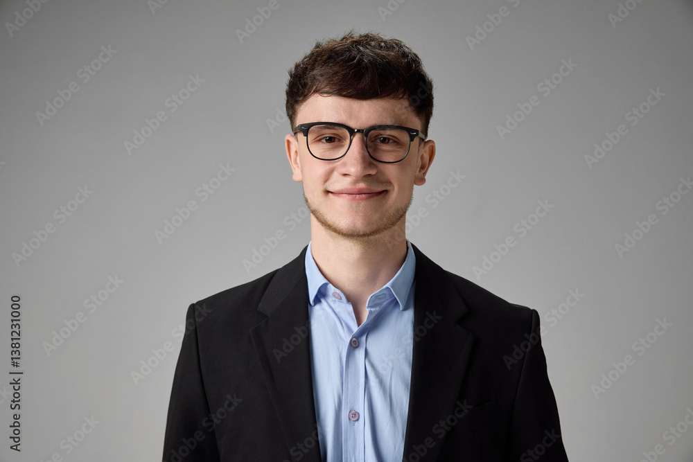 Closeup of smiling young man in formal shirt and glasses, radiating confidence, professionalism. Concept of modern business vibe, corporate branding, personal identity, entrepreneurship. Closeup of smiling young man in formal shirt and glasses, radiating confidence, professionalism. Concept of modern business vibe, corporate branding, personal identity, entrepreneurship.