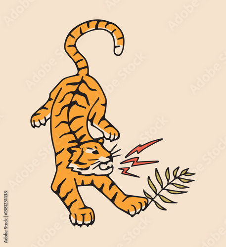 Modern hand drawn boho roaring tiger with leaf. Contemporary illustration in trendy bohemian style. Isolated vector tiger on a light background perfect for logo, printing or web.