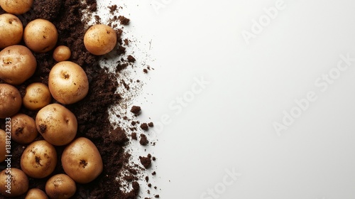 Harvested potatoes scattered on rich soil during late afternoon with copy space