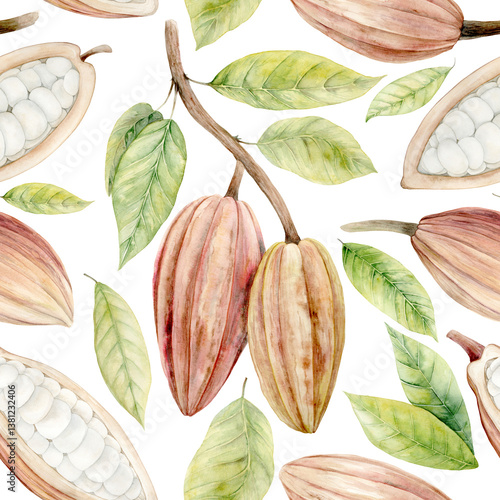 Fruits and Flowers of a chocolate tree. Seamless pattern. Cocoa Beans. Watercolor illustration. Hand drawn chocolate tree fruits and flowers in pastel colors for packaging, textiles and botanical