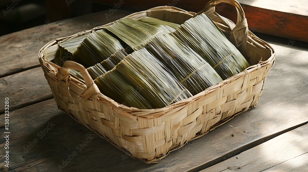 Obraz premium Steamed rice dumplings in a woven basket