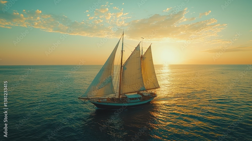 Fototapeta premium Sunset Sailboat Voyage: A Serene Golden Hour at Sea