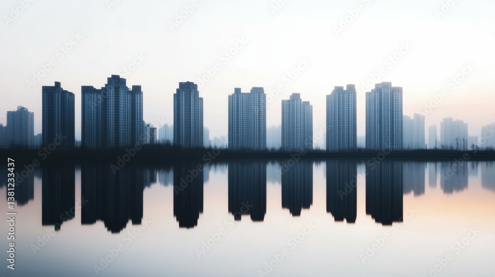 Fototapeta premium Urban skyline with tall buildings reflecting on calm water at dawn
