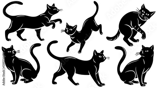 Black Cat Silhouettes Vector Set – Elegant Feline Clipart for Halloween, Design, and Decoration