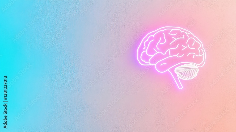 Neon brain sign on pastel gradient wall background Neon brain sign on pastel gradient wall background