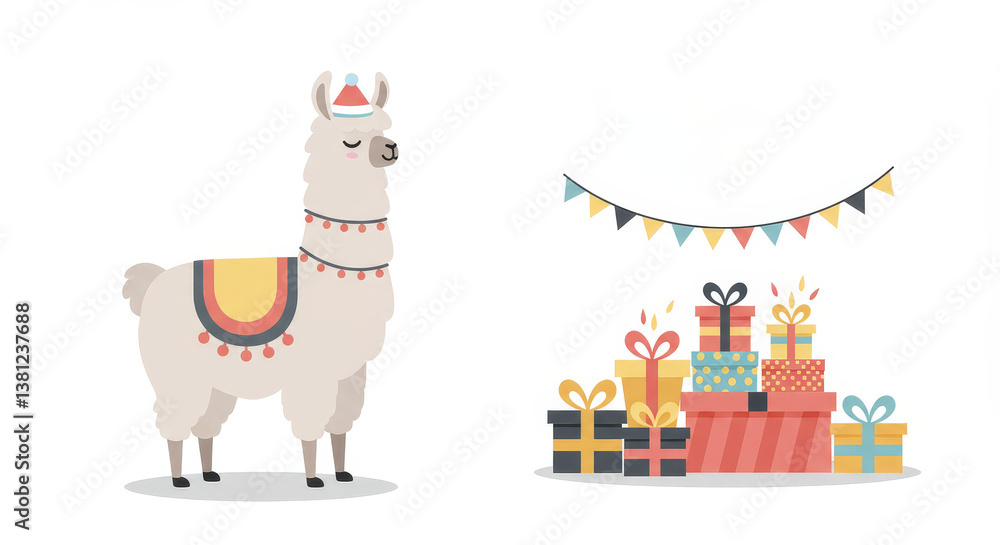 Fototapeta premium Llama in festive setting with gifts and decorations