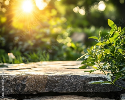 Wallpaper Mural A sunlit scene featuring a stone pathway adorned with lush green plants, creating a serene and tranquil atmosphere in nature. Torontodigital.ca