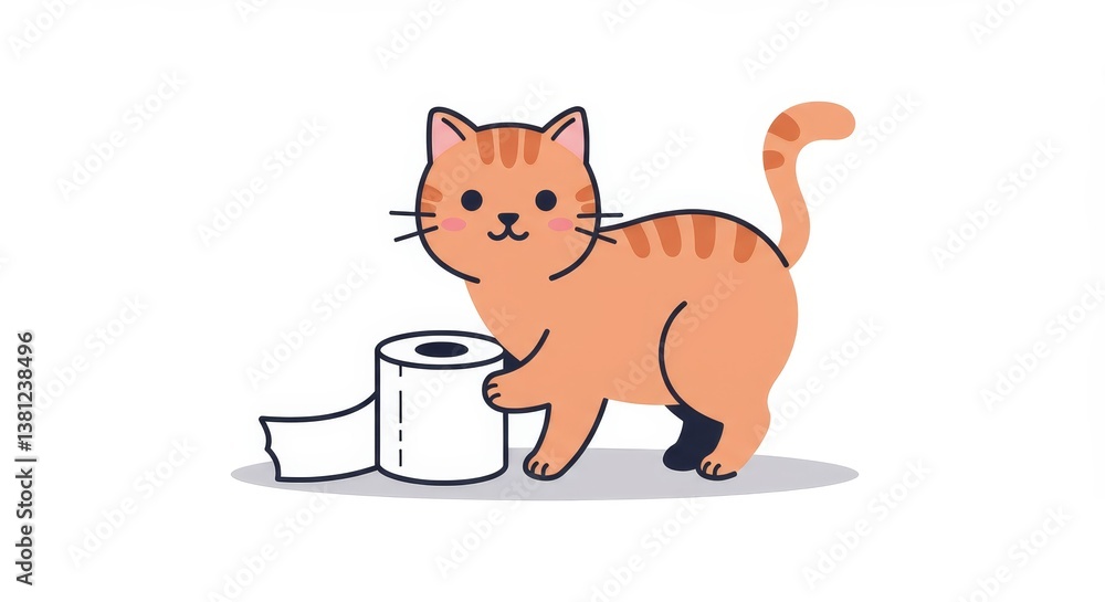 Obraz premium Cute orange cat playing with toilet paper on white background