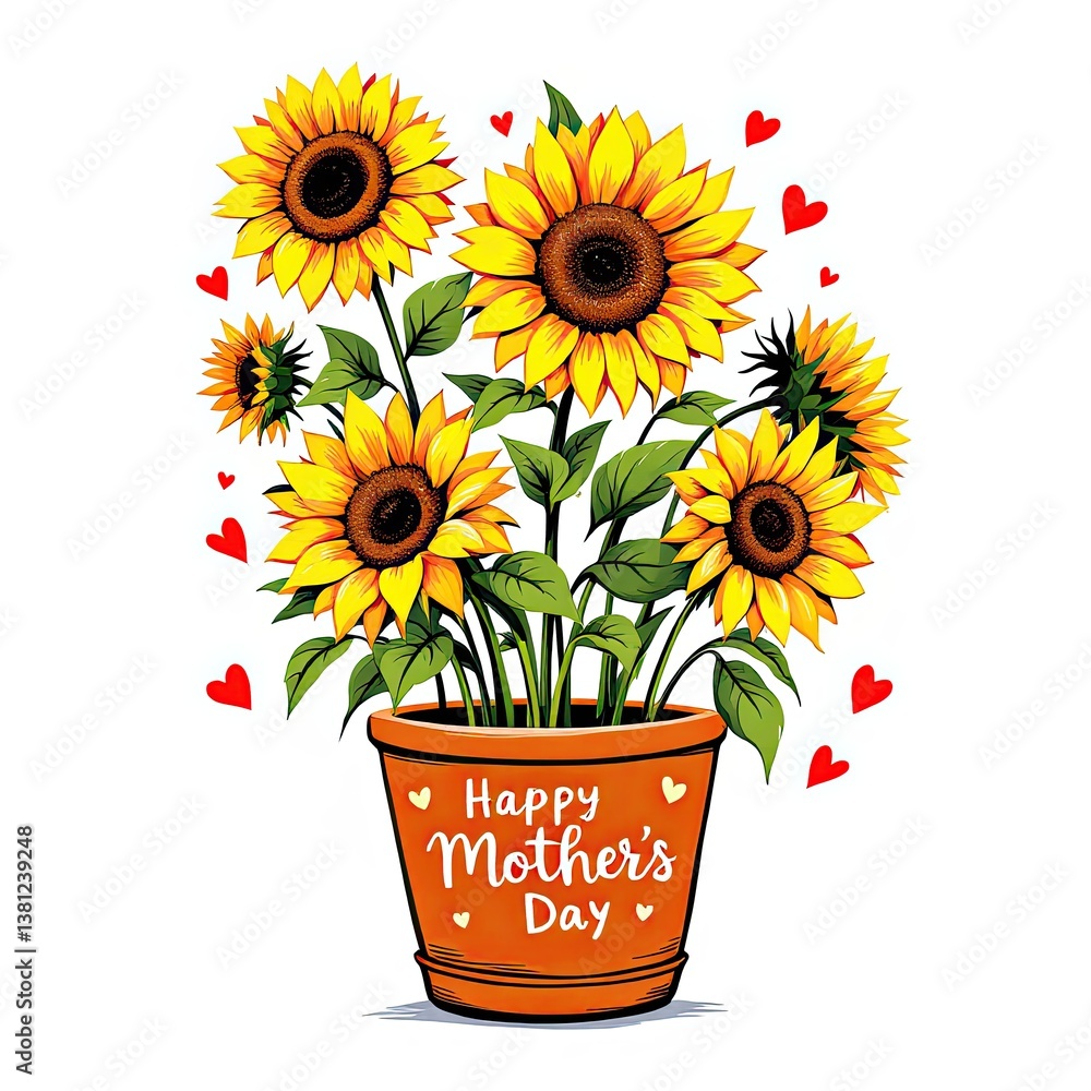 Obraz premium Sunflowers in a pot celebrating Mother's Day with hearts 