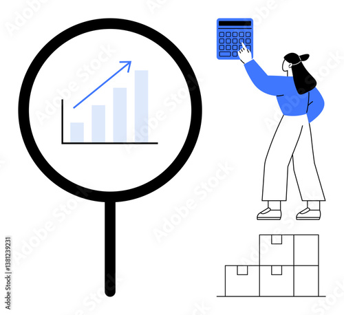 Magnifying glass highlights growth chart, woman interacts with calculator, stacks of boxes nearby. Ideal for analytics, inventory, growth, business strategy, planning e-commerce productivity. Flat