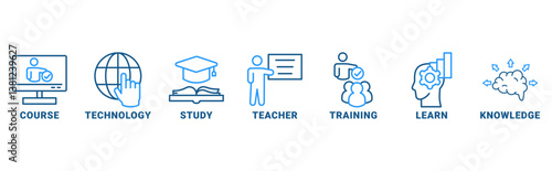 Online Education banner web icon vector illustration concept with icon of course, technology, study, teacher, training, learn, knowledge 