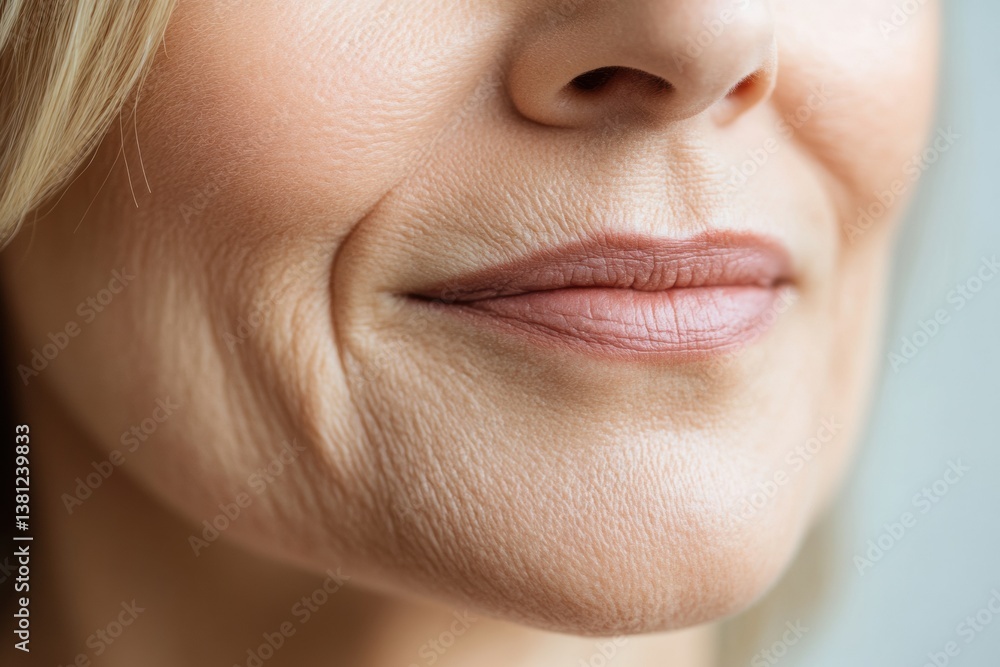 Obraz premium Close-up of mature caucasian female smile highlighting wrinkles and natural skin texture