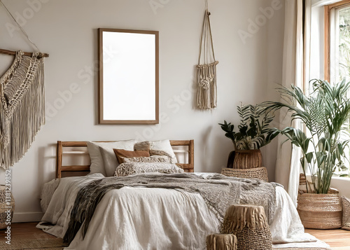 Boho-Inspired Bedroom Interior with Blank Canvas Wall Art Mockup