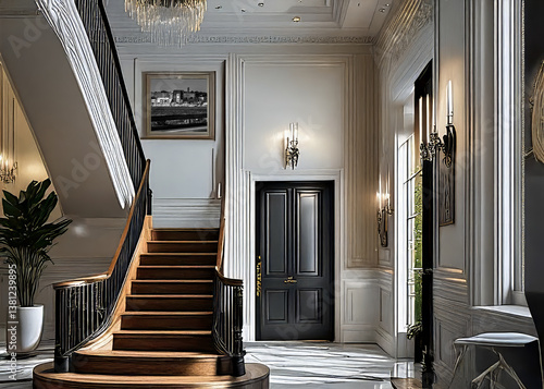 Grand Mansion Staircase Interior with Framed Artwork Display