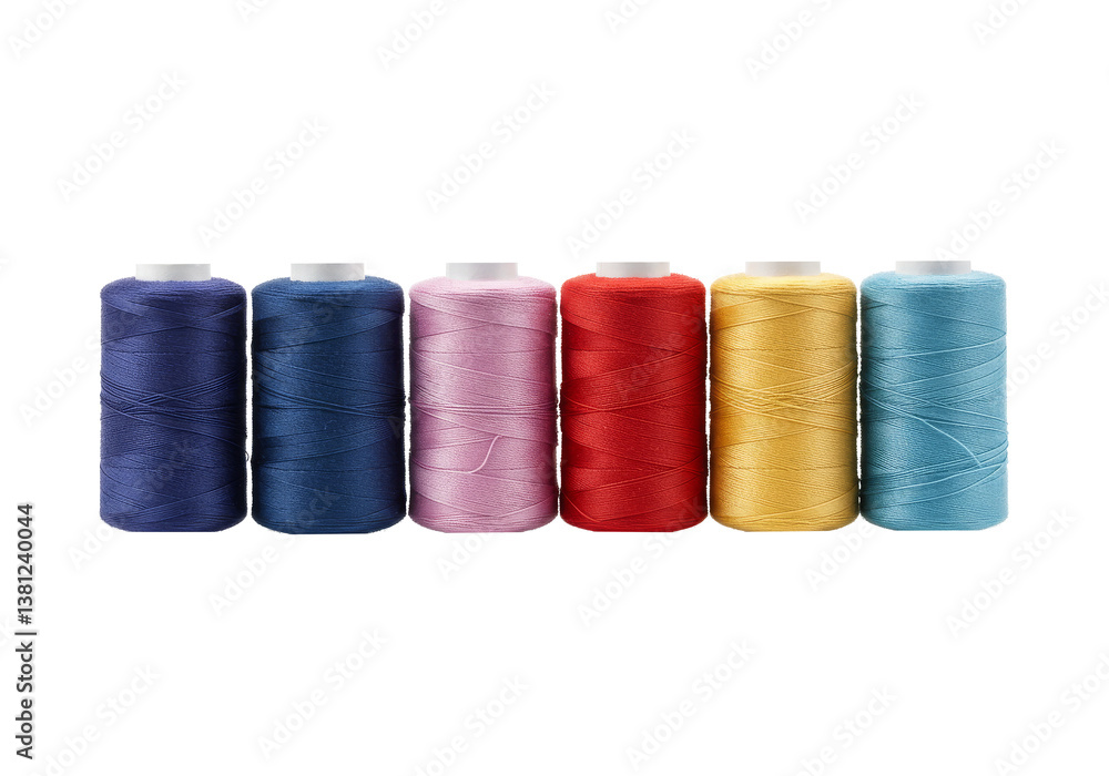 A set of colorful spools of thread neatly arranged in a row, isolated on a white background. Perfect for sewing supply branding, DIY crafting promotions, and textile industry advertisements A set of colorful spools of thread neatly arranged in a row, isolated on a white background. Perfect for sewing supply branding, DIY crafting promotions, and textile industry advertisements