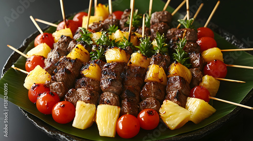 A large platter of freshly grilled skewers with beef, cherry tomatoes, and pineapple chunks.