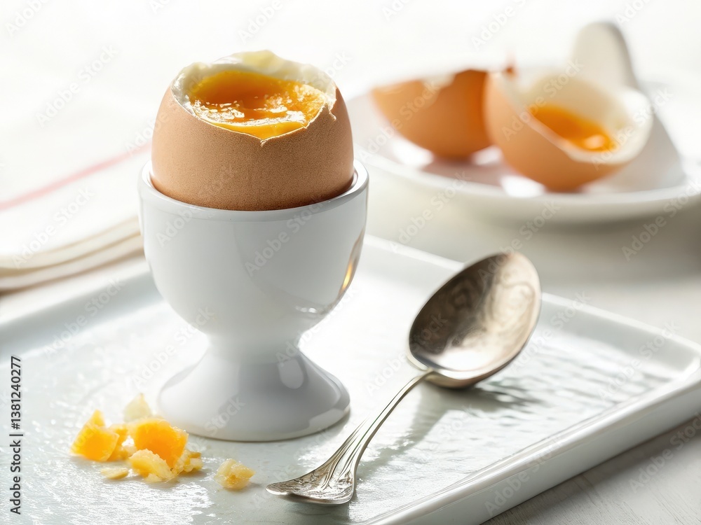 A soft-boiled egg in an egg cup, with the yolk slightly exposed, is placed on a white tray alongside a spoon and some broken eggshell pieces. A soft-boiled egg in an egg cup, with the yolk slightly exposed, is placed on a white tray alongside a spoon and some broken eggshell pieces.