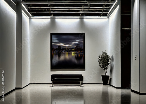  Modern Minimalist Gallery Interior with Framed Artwork Display