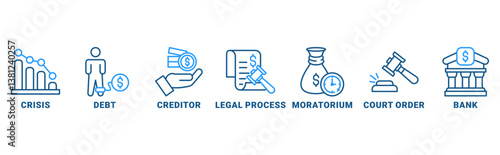Bankruptcy banner web icon vector illustration concept with icon of crisis, debt, creditor, legal process, moratorium, court order, and bank 