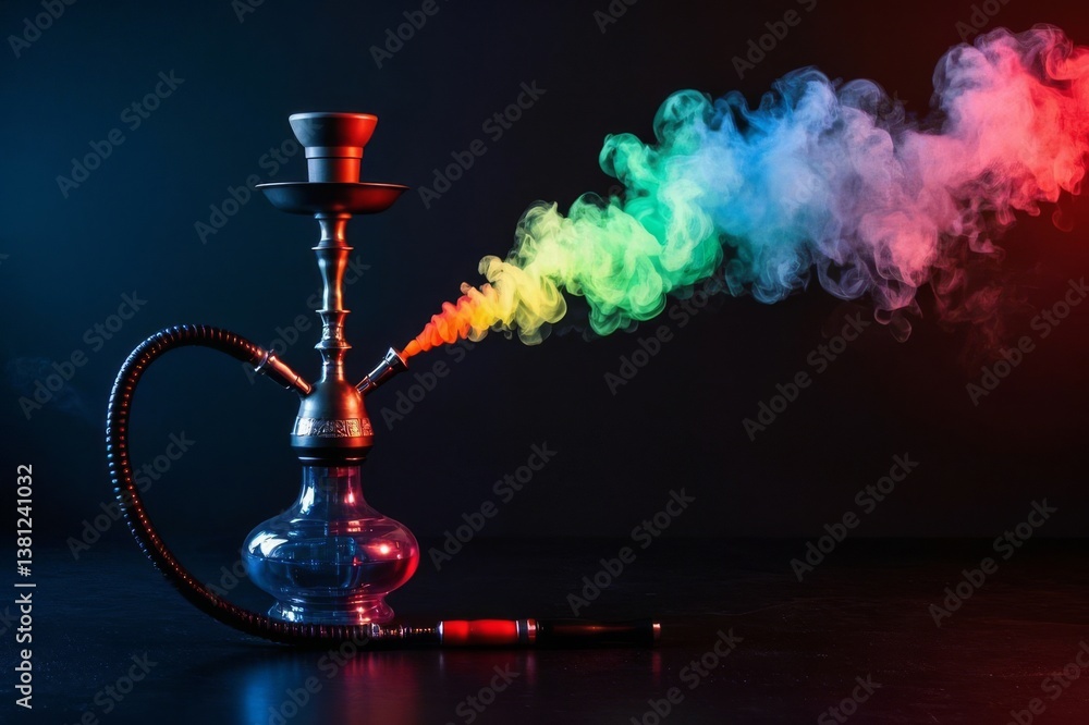 Hookah with Colorful Smoke on Dark Surface Hookah with Colorful Smoke on Dark Surface
