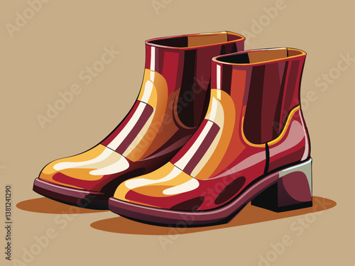 A modern vector of a pair of polished dress boots in warm mahogany, placed on a muted pastel cream background.