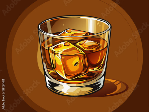 A luxurious whiskey glass with golden liquid and ice cubes, set against a soft warm brown background