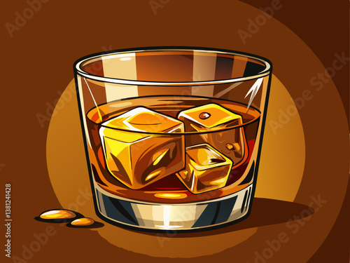A luxurious whiskey glass with golden liquid and ice cubes, set against a soft warm brown background