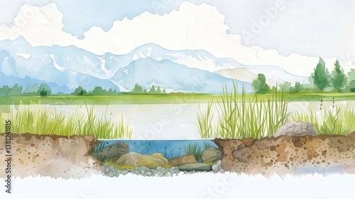 Cross section of a Wetland Ecosystem, Detailed illustration of wetland plants, soil, and water.