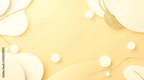 Abstract golden background with white and beige luxury glitter shapes. Golden lines luxury on cream color background. Gold elegant realistic paper cut style 3d