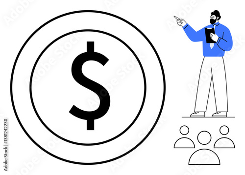 Large dollar sign in a circle, man in professional attire pointing and addressing group of attendees. Ideal for finance, leadership, investment, teamwork, education, strategy, communication flat