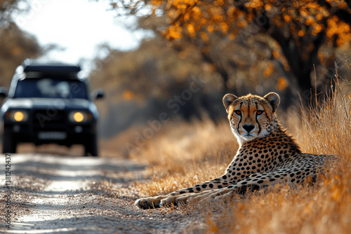 A cheetah is laying down in the grass next to a road