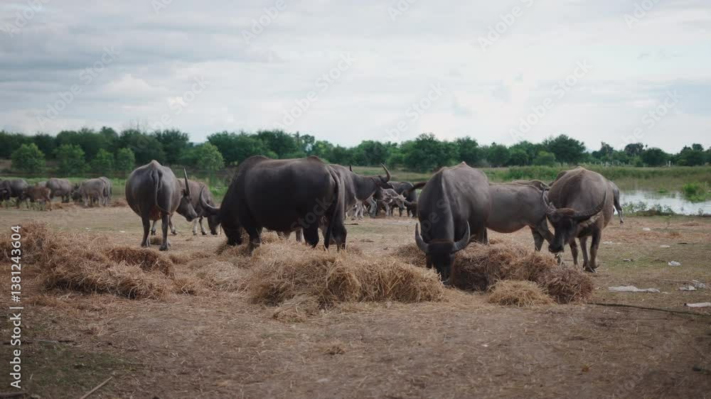 herd of large buffalos eat straw on a large plain near the road and the river in thailand herd of large buffalos eat straw on a large plain near the road and the river in thailand