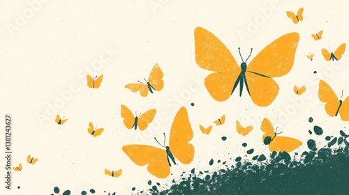 Yellow Butterflies on Cream Background, Abstract illustration of yellow butterflies flying.